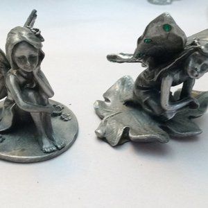 2 miniature pewter fairies with crystals in their wings